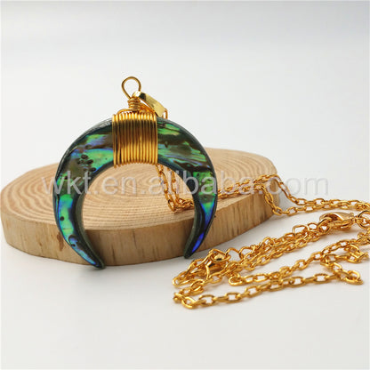 WT-N810 Wholesale Handmade Wire Wrapped Charm Abalone Shell Necklace Natural Crescent Abalone Shell Pendant Necklace
