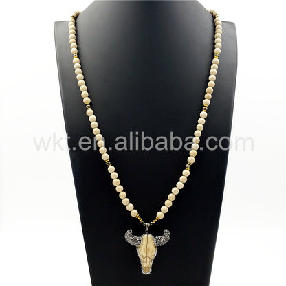WT-N859 Fashion 8mm Cream Stone Beads Buffalo Head Necklace ,32" Beads Resin Buffalo Head Necklace in High Quality