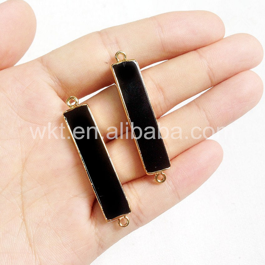 WT-C109 Amazing Long Black Agate bar Connector for Jewelry Making 24k Gold Plated Rectangle Black Agate Connector