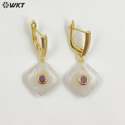 WT-E797 Wholesale Unique Design Gold Plated Black Obsidian Multi Gemstones With Zircon Geometric Women Earrings As Party Gift