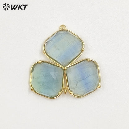 WT-P2129 Beautiful Gold Electroplated Three Natural Gemstones Leaf Shape Pendants As Handmade Jewelry Decorative Findings