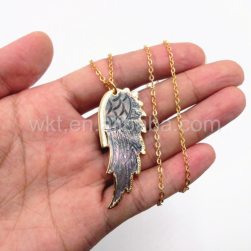 WT-N748 Exclusive Natural Abalone Feather Necklace, Fashion Handmade Carved Shell Feather Necklace