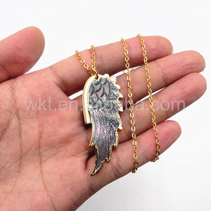 WT-N748 Exclusive Natural Abalone Feather Necklace, Fashion Handmade Carved Shell Feather Necklace
