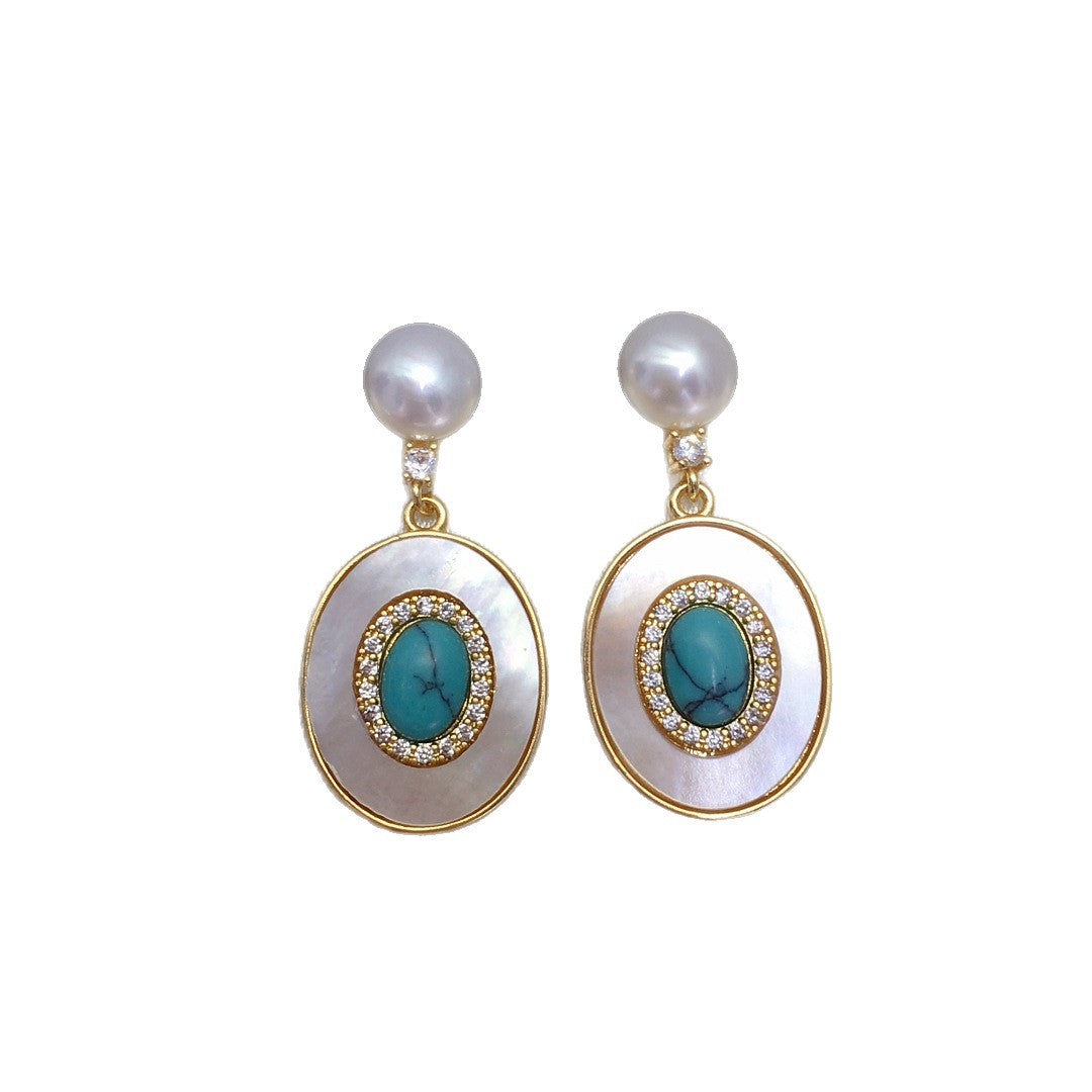 WT-MPE174 Wholesale Vintage Gold Plated Mother Of Pearl With Zircon And Natural Stone Women Earrings For Fashion Jewelry Gifts