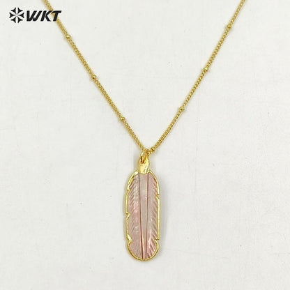 WT-N1081 WKT Wholesale Hot Natural Shell Carved Feather Charming 18k Real Gold Plated Cable Beaded Link Chain Shell Necklace