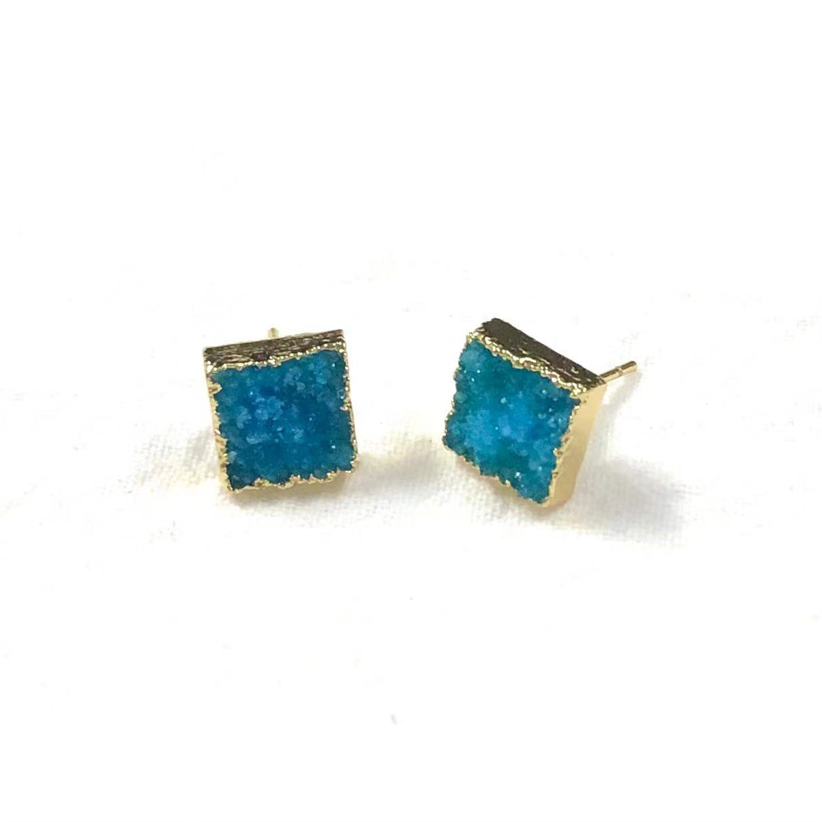 WT-E274 Wholesale Fashion Gold Plated Colorful Druzy Quartz Studs Earrings Natural Women 10mm square Stone Studs