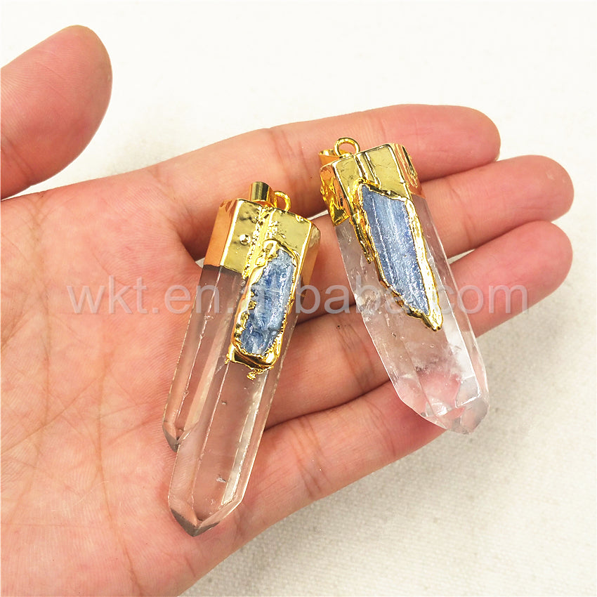 WT-P880 Newest Raw Crystal Quartz Point Pendant with Blue Kyanite Charm, Fashion Gold Plated clear Crystal Quartz Pendant