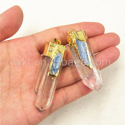 WT-P880 Newest Raw Crystal Quartz Point Pendant with Blue Kyanite Charm, Fashion Gold Plated clear Crystal Quartz Pendant