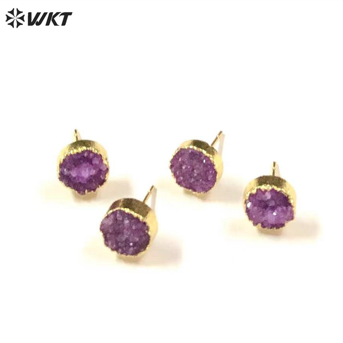WT-E155 Wholesale Fashion 18k Real Gold Plated Natural Stone Studs Earrings Fashion Women Gold Trim Round Druzy Quartz Studs