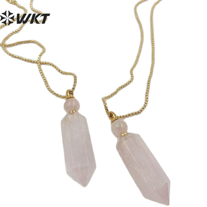 WT-N1369 Crystal Quartz Pink Crystal Hexagonal Prismatic Charming Pendant Necklace for Women Gifts Perfume Bottle Necklace