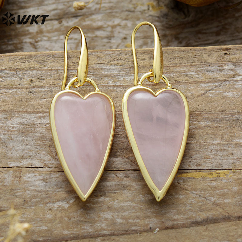 WT-E784 Lovely Design Gold Plated Earrings With Natural Rose Quartz Stone Heart Shape Fashion Ladies Jewelry Wholesale