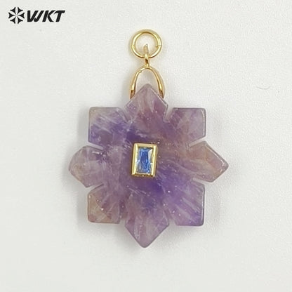 WT-P2095 Romantic Colorful Natural Gemstones And Zircon Snowflake Shape Charm Pendants As Lady Handmade Earrings Findings