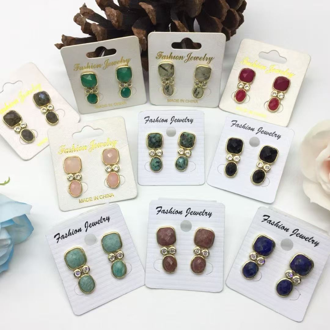 WT-E811 Modern Style Gold Plated Double Zircons And Natural Gemstones Square Oval Shape Women Earrings For Mother‘s Day Gifts