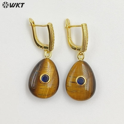 WT-E798 Beautiful Classic Gold Plated Natural Gemstones Setting In Zircon Waterdrop Shape Earrings As Lady Daily Decoration
