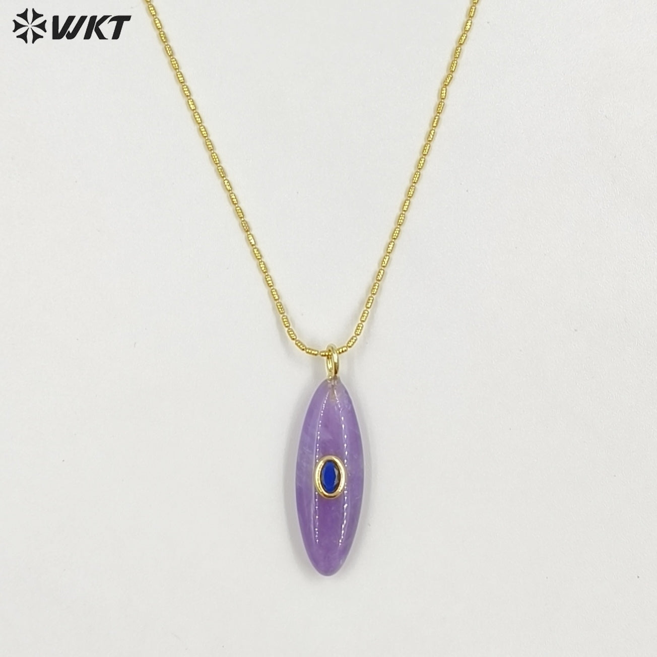 WT-N1509 High Quality Thin Chain Gold Electroplated Natural Gemstones With Zircon Long Oval Shape Pendant Necklaces As Lady Gift