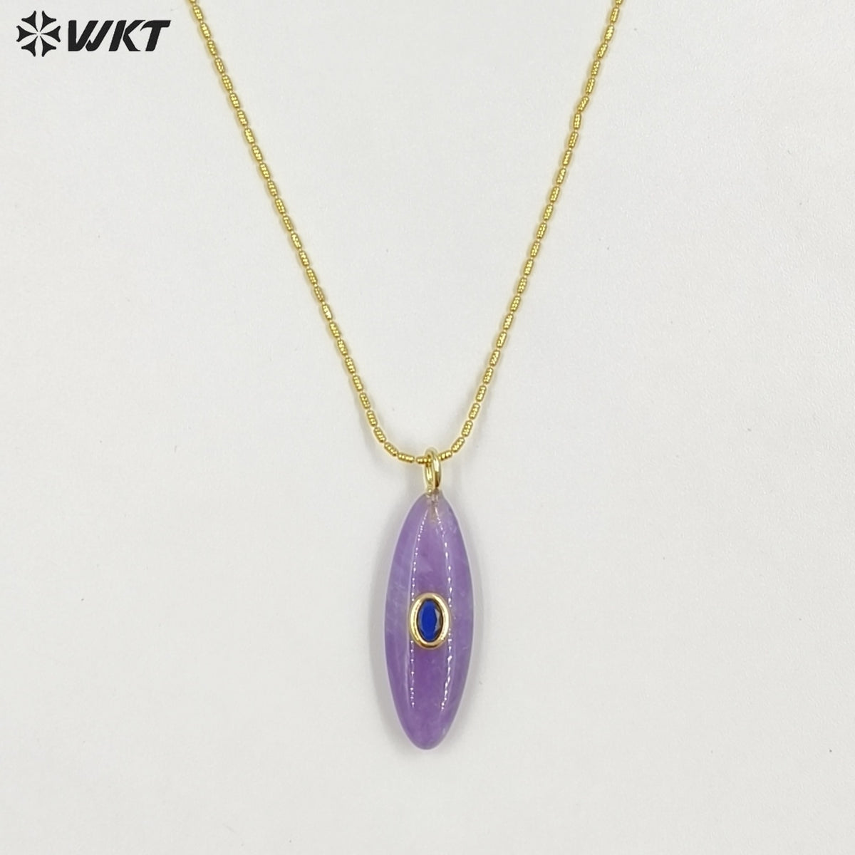 WT-N1509 High Quality Thin Chain Gold Electroplated Natural Gemstones With Zircon Long Oval Shape Pendant Necklaces As Lady Gift