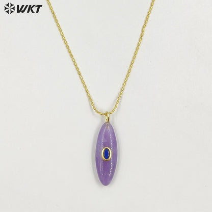 WT-N1509 High Quality Thin Chain Gold Electroplated Natural Gemstones With Zircon Long Oval Shape Pendant Necklaces As Lady Gift
