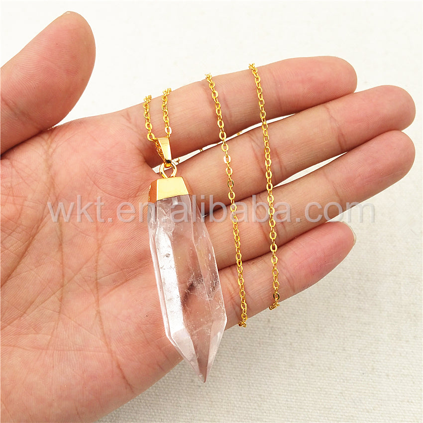 WT-N872 Amazing Clear Crystal Quartz Point Necklace for Holiday Gift,Natural Quartz With 24k Real Gold Plated Point Necklace