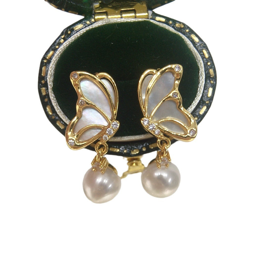 WT-MPE175 Exquisite Gold Plated Zircon And Round Mother Of Pearl Butterfly Earrings As Lady Daily Wearing Elegant Accessory