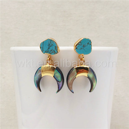 WT-E301 Newest Design Natural Abalone Shell Crescent Horn Earring, 24k Gold Plated Turquoise Charm Crescent Horn Earrings