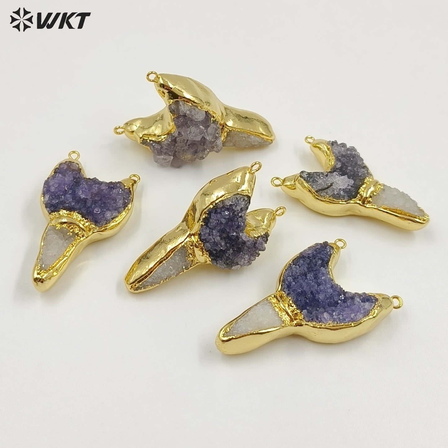 WT-P2062 New Arrival Gold Electroplated Natural Amethyst And Quartz Pendant With Double Hoops For Vintage Style Necklace Making