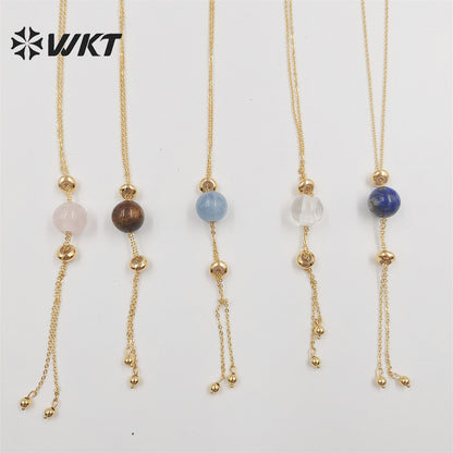 WT-N1387 Wholesale Fashion Gold Chain Lariate Y Shape Round Ball Stone Necklace in Adjust