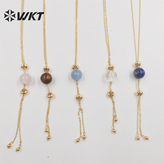 WT-N1387 Wholesale Fashion Gold Chain Lariate Y Shape Round Ball Stone Necklace in Adjust