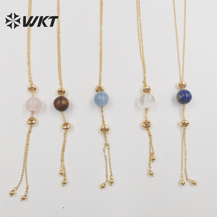 WT-N1387 Wholesale Fashion Gold Chain Lariate Y Shape Round Ball Stone Necklace in Adjust