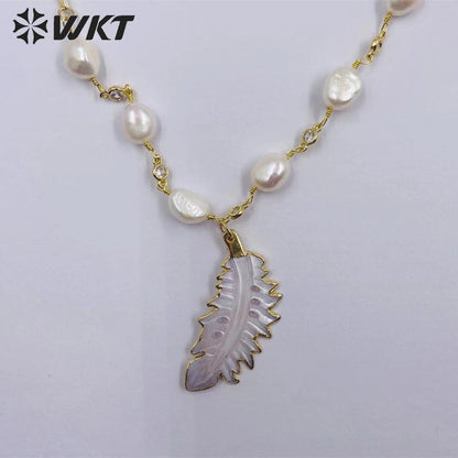 WT-JN234 Wholesale Newest Fashion Feather Freshwater Pearl Necklace Gorgeous Multi- Color Optional Pearl Fancy Chain Necklace