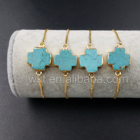 WT-B339 Amazing Natural Turquoise Connector Bracelet , Exclusive Design Cross Turquoise Connector Bracelet in Adjustable