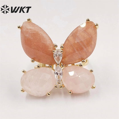 WT-R464 Amazing Natural Gemstone Carved Stone Ring Gorgeous Women Gold Plated Hand Carved Fashion Butterfly Ring
