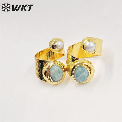 WT-R438 Amazing Hot Double Stone Ring for Women 18k Real Gold Plated Resist Tarnishable Amazonist Pearl Ring for Birthday