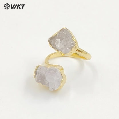 WT-R495 Amazing WKT New Design Natural Double Stone Druzy Crystal Quart and Black Tourmaline Stone Ring in Adjustable Size