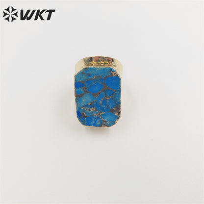 WT-R421 Wholesale Fashion Gold Long square Copper Turquoise Ring with Big Band Gorgeous Cocktail Party Ring for Women Stone Ring