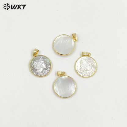 WT-JP418 Wholesale Fashion Gold Bezel Round Laser Carved Natural Shell Cameo Pendant for Necklace Design