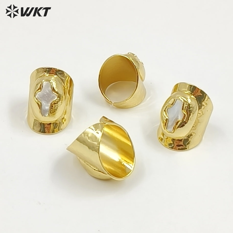 WT-MPR121 Popular Models Fashion 18K Gold Plated Mother Of Pearl Shell Cross Shape With Large Adjustable Ring For Men And Women