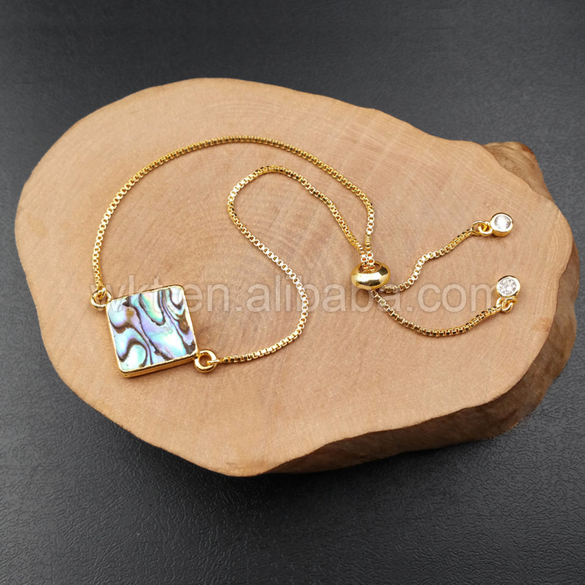 WT-B342 Exclusive Natural Rhombus Abalone Shell Chain Bracelet, Wholesale Handmade Adjustable Abalone Shell Bracelet for Women