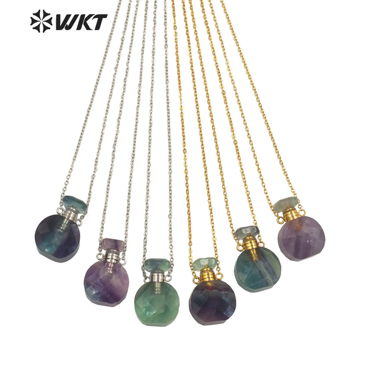 WT-N1457 New Design Natural Rainbow Fluorite Faceted Gold Plated and Stainless Steel Essencial Oil Bottle Necklace Jewelry