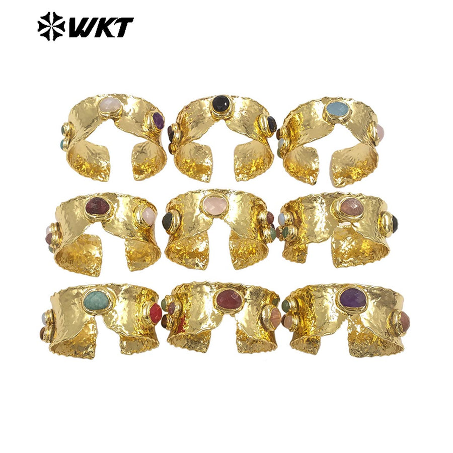 WT-B718 Gorgeous Exclusive Gold Plated V Shape Yellow Brass With Multiple Gemstones Bangles As Women Vintage Style Jewelry