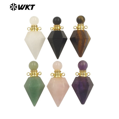 WT-P1983 Wholesale Fashion 18K Gold Plated Stainless Steel Double Loops Bullet Point Natural Quartz Perfume Bottle Pendant