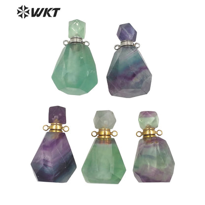 WT-P1670 WKT New Color Gorgeous Natural Rainbow Fluorite Stone Perfume Bottle Pendant with Stainless Steel Jewelry Findings