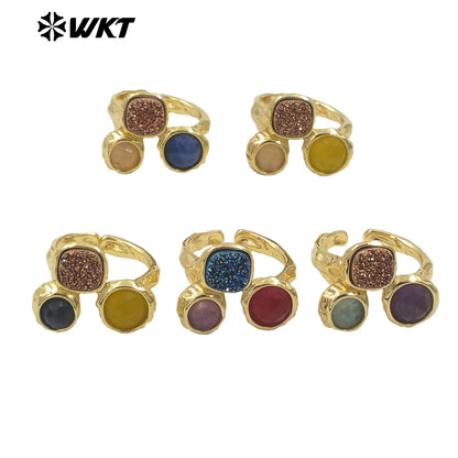 WT-R521 Wholesale 18K Real Gold Plated Triple Druzy Quartz Women Natural Stone Made Birthday Gift Ring