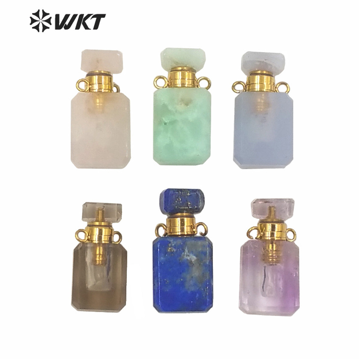 WT-P1573 WKT New Design Small Natural Stone Perfume Bottle Pendant Double Loops Gold Faceted Stone Carved Cube Perfume Bottle