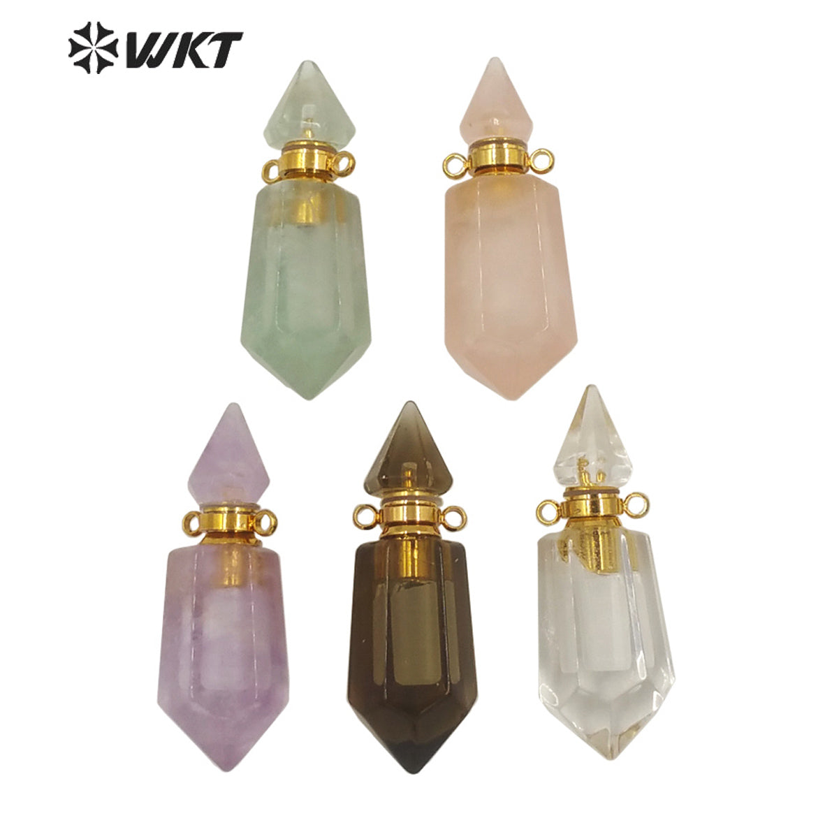 WT-P1638 Amazing Gold Natural Double Point Spirit Quartz Perfume Bottle Stone Pendant High Quality Jewelry Bottle Pendants