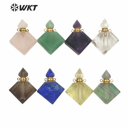 WT-P1575 Wholesale Rhombus Shape Natural Stone Essence Oil Bottle Pendant Gold Stainless Steel Components Stone Perfume Bottle
