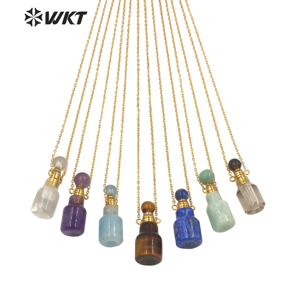 WT-N1454 WKT New Arrival Small Size Fashion Gold Gemstone Made Women Perfume Bottle for Jewelry Necklace Birthday Stone Gift