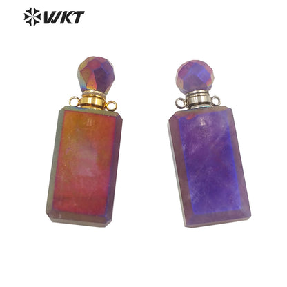 WT-P1645 Wholesale Newest Long square Amethyst Perfume Bottle Pendant for Necklace Design Stainless Steel Essencial Oil Bottle
