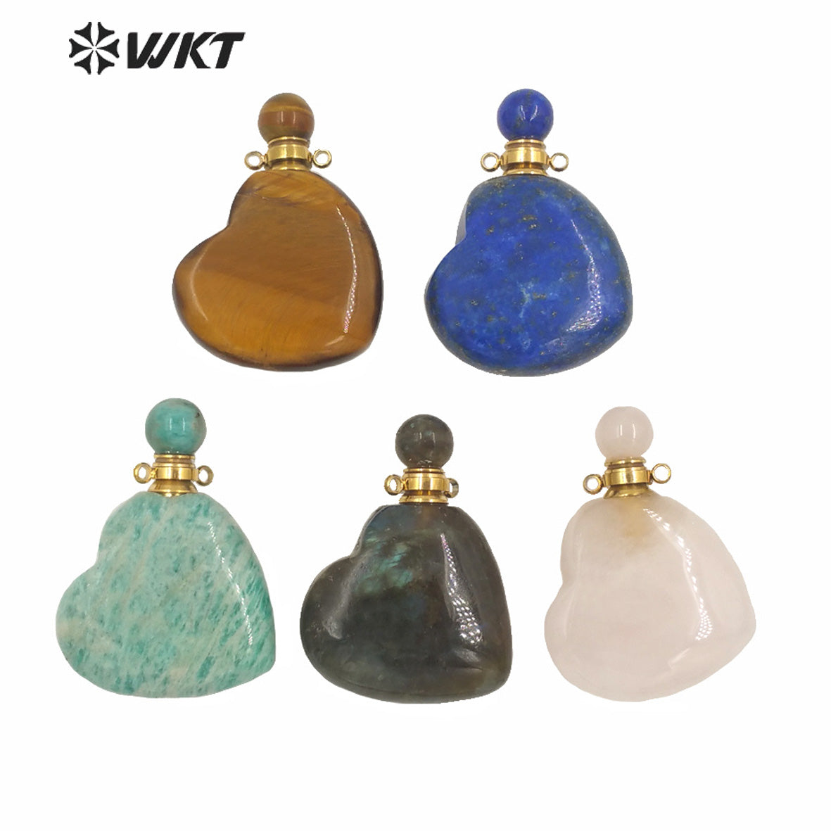 WT-P1604 Wholesale Gorgeous Unique Natural Stone Heart Perfume Bottle Pendant Double Loops Gold Stone Bottle Pendant