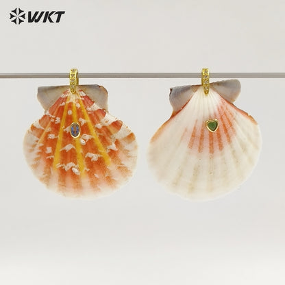 WT-JP503 Trendy Popular Zircon And Natural Scallop Shell Gold Pendants For Girls Lovely Handmade Earrings Design Accessory