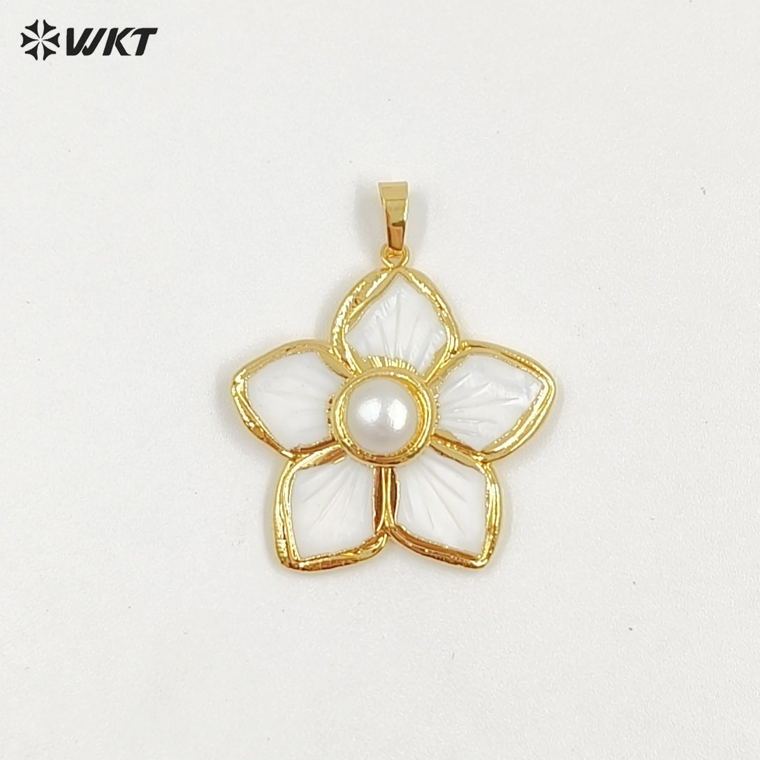 WT-JP415 How Lovely and Sweet Natural White Shell Carved Women Pearl Star Flower Pendants for Necklace